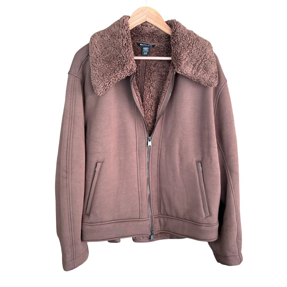 Athleta Westbound Sherpa Jacket L Brown Fleece Bomber Zip Coat Western Boho - Picture 5 of 9